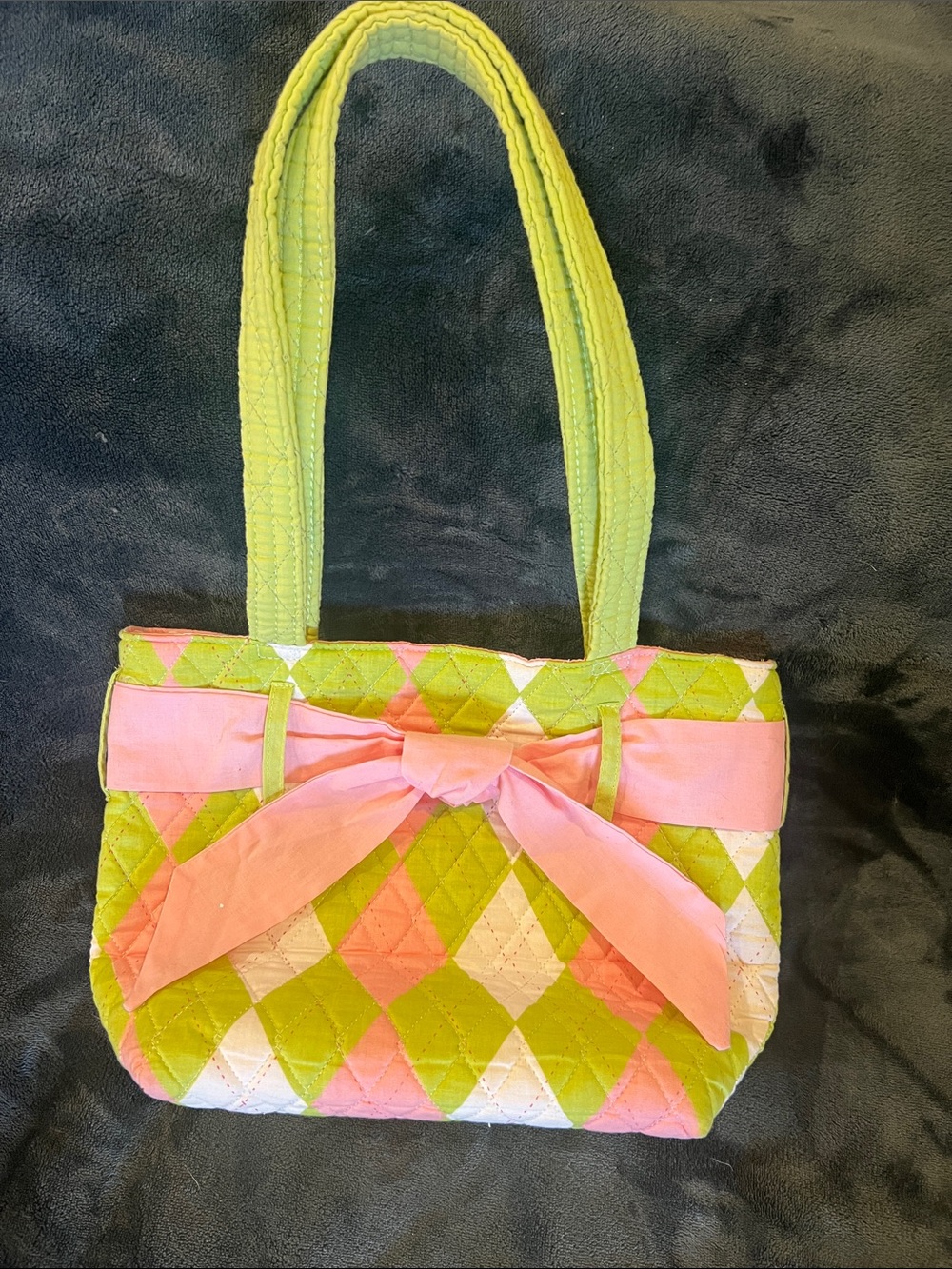 Quilted Diamond-Print Tote with Pink Bow - Green & Pink